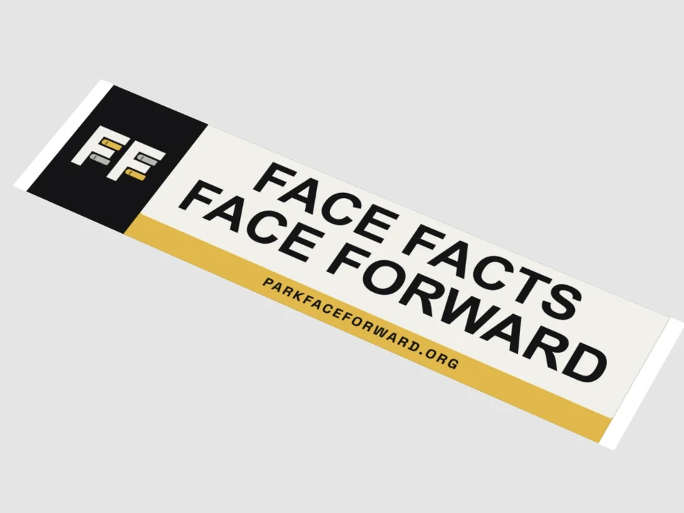 Long Face Forward bumper sticker with the Double-F mark and Face facts. Face forward. message.