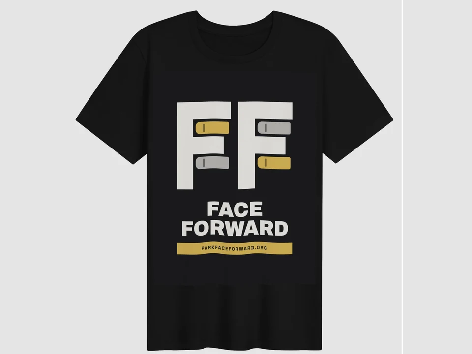 Black Face Forward T-shirt with the Double-F parking mark in Chalk, Safety Gold, and gray.